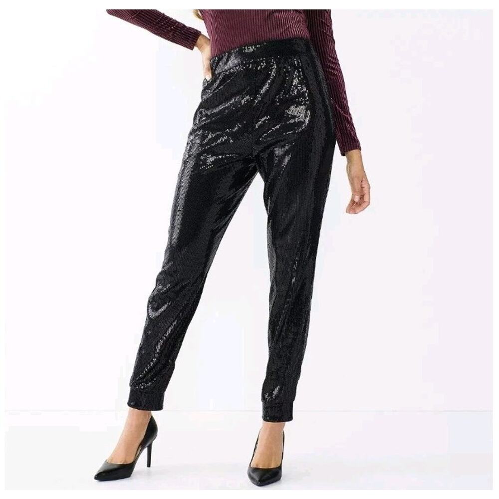 Cara Santana For Nine West Black Sequins Jogger Pants Sz M Festive Glam Holiday